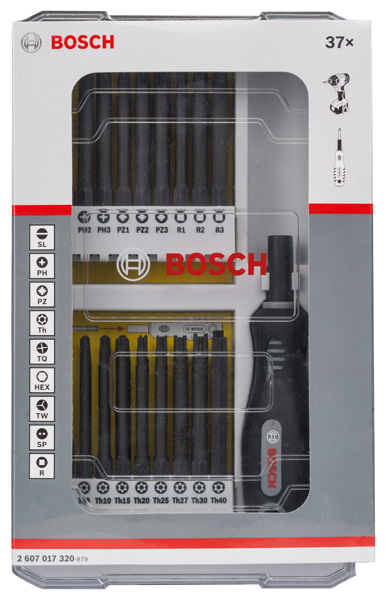 Bosch 37-teil. Set m Schrauberbits u Griff, PH, PZ, SL, TH, TQ, H, TW, SP, R und Bith