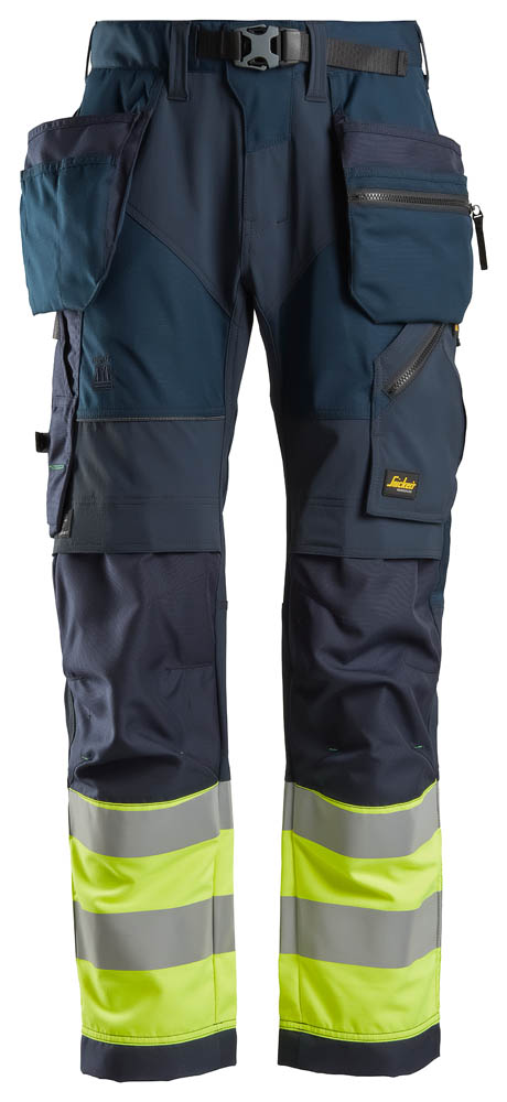 Snickers 6931 FlexiWork Hi-Vis Arbeitshose mit Holstertaschen, Kl.1 blau/hi-vis gelb