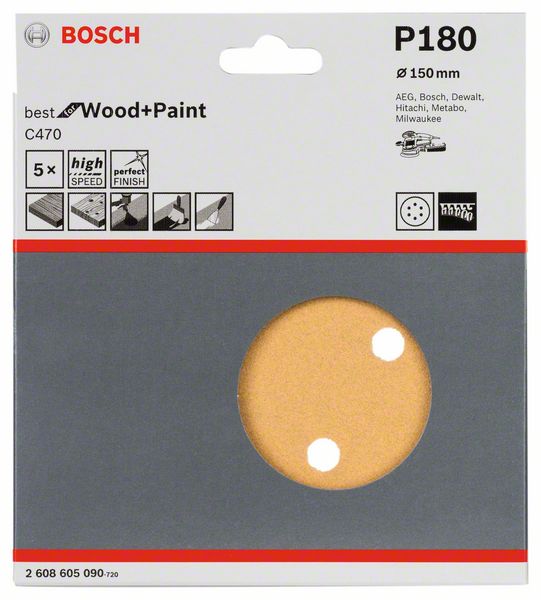 Bosch Schleifblatt Exzenterschleifer Wood+Paint 150mm Klett K180 (5 Stk.)