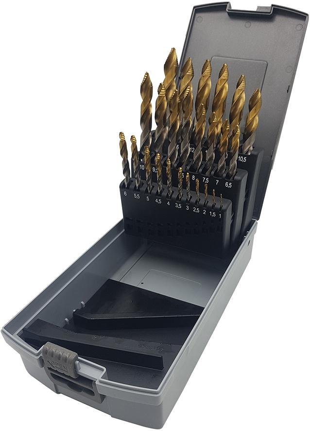Forum Spiralbohrer-Set DIN338 HSSmit Stufenbohrerspitze 1,0-10,0 0,5mm steigend 19-teilig UNI