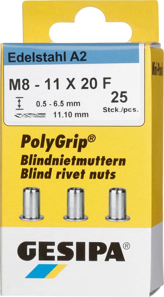 Gesipa Blindnietmuttern VA Minipack Polygrip A2 M8 x 11 x 20 (25 Stück)