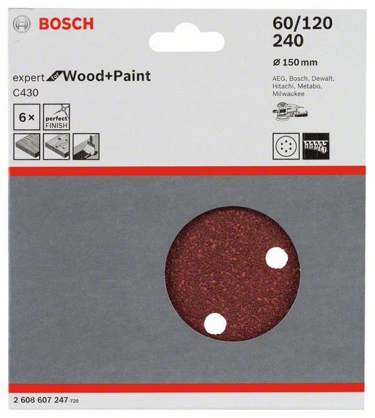 Bosch Schleifblatt Expert Wood+Paint,150mm,60,120,240, Klett, 6 Löcher (6 Stk.)