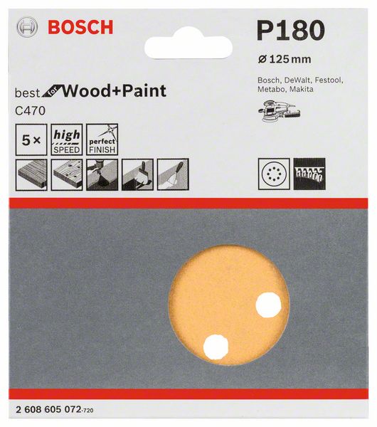 Bosch Schleifblatt Exzenterschleifer Wood+Paint 125mm Klett K180 (5 Stk.)