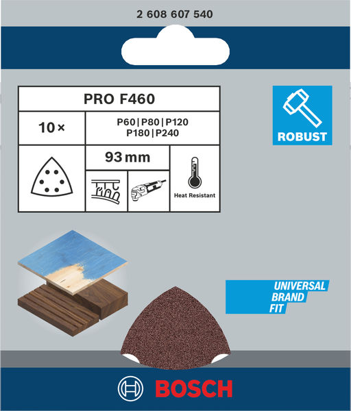 Bosch PRO F460 Schleifblatt Set, 93 x 93 mm; G60; G80; G120; G180; G240, 10-tlg.