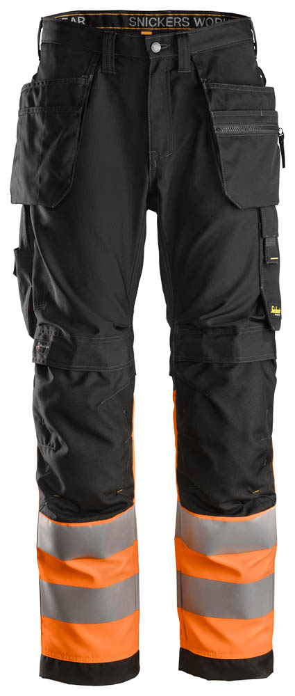 Snickers 6233 AllroundWork Hí-Vis Arbeitshose mit Holstertaschen, Kl.2 schwarz-signalorange