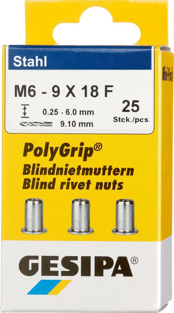 Gesipa Blindnietmuttern Stahl Minipack Polygrip M6 x 9 x 18 (25 Stück)