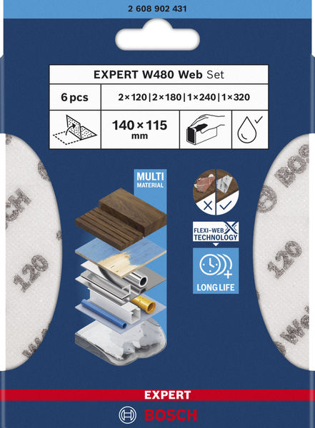 Bosch EXPERT W480 Web 1/4 Handschleifblatt-Set, 115x140 mm, G120/G180/G24/G320, 6-tlg.
