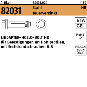 Lindapter Hollo-Bolt HB Stahl 8.8 feuerverzinkt M8 Größe 3