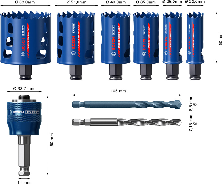 Bosch EXPERT Tough Material Lochsäge-Set, 22/25/35/40/51/68 mm, 9-tlg.