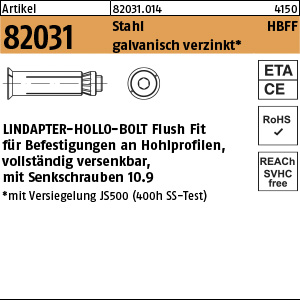 Lindapter Hollo-Bolt HBFF Stahl 10.9 galvanisch verzinkt M8 Größe 3