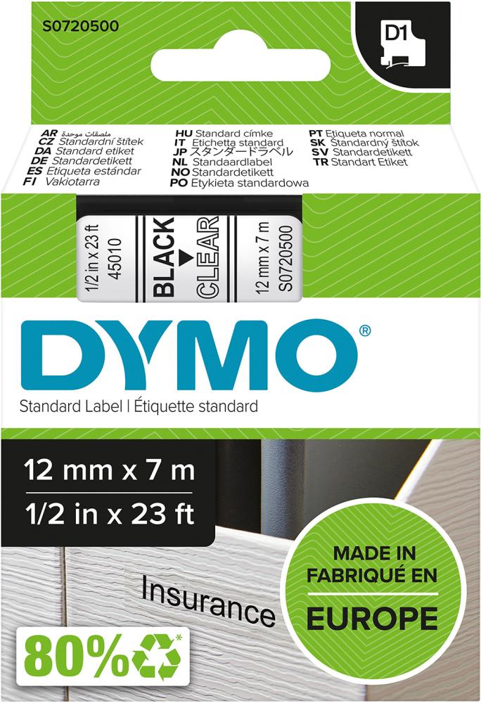 Dymo Schriftband D1 45010 schwarz/Transparent 12mmx7m