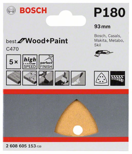 Bosch Schleifblätter für Dreieckschleifer Wood+Paint 6 Löcher K180 Klett (5 Stk.)