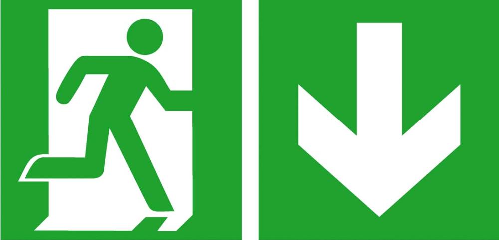Fluchtwegschild Folie B300xH150 mm Notausgang rechts mit Pfeil abwärts langnachleuchtend