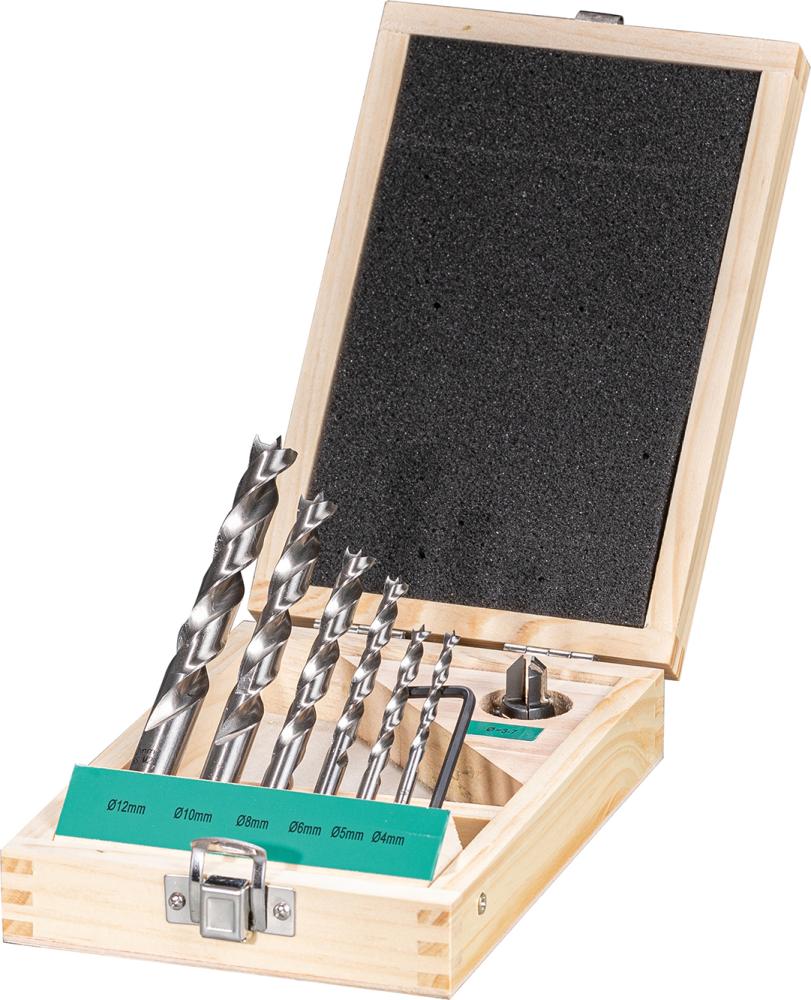 Fortis Holzspiralbohrer Satz HSS 7-teilig 4,5,6,8,10,12 mm und 1 HW-Versenker